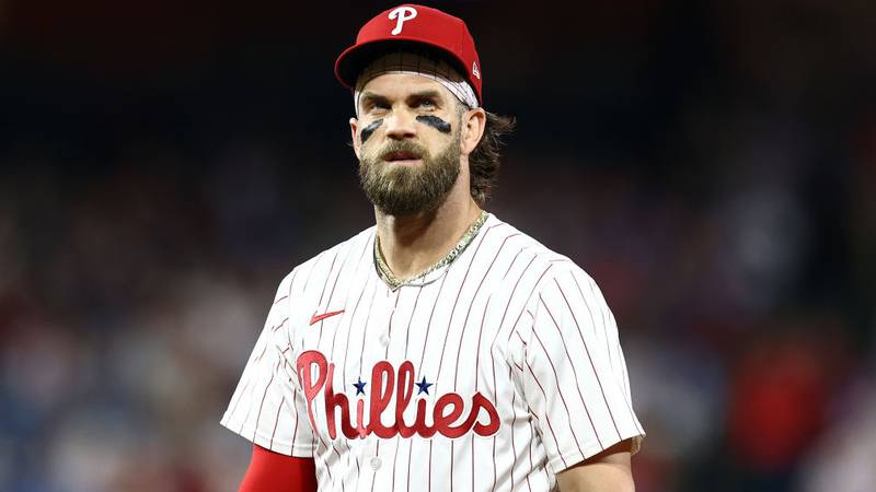 PHILADELPHIA, PENNSYLVANIA - MAY 07: Bryce Harper #3 of the Philadelphia Phillies looks on during the eighth inning against the Toronto Blue Jays at Citizens Bank Park on May 07, 2024 in Philadelphia, Pennsylvania. (Photo by Tim Nwachukwu/Getty Images)