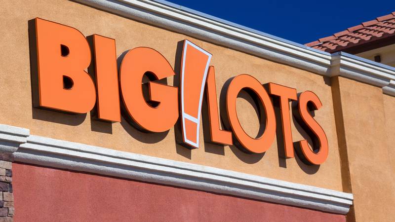 Big Lots retail store exterior. Big Lots sells food, housewares and small electronics overstocked merchandise.